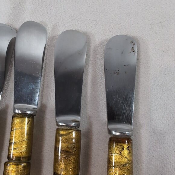 TAG 8 Set Glass Bead 4 Butter Knife 4 Pickle Fork Green Gold Silver Metal Spread - Picture 9 of 13